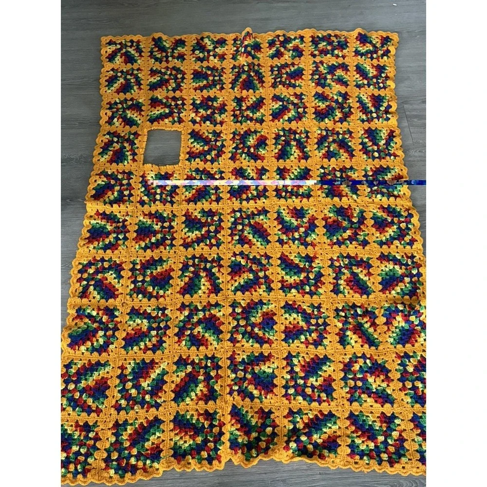 Vintage Orange Granny Square Handmade Crochet Knit Afghan Throw Blanket 46x66